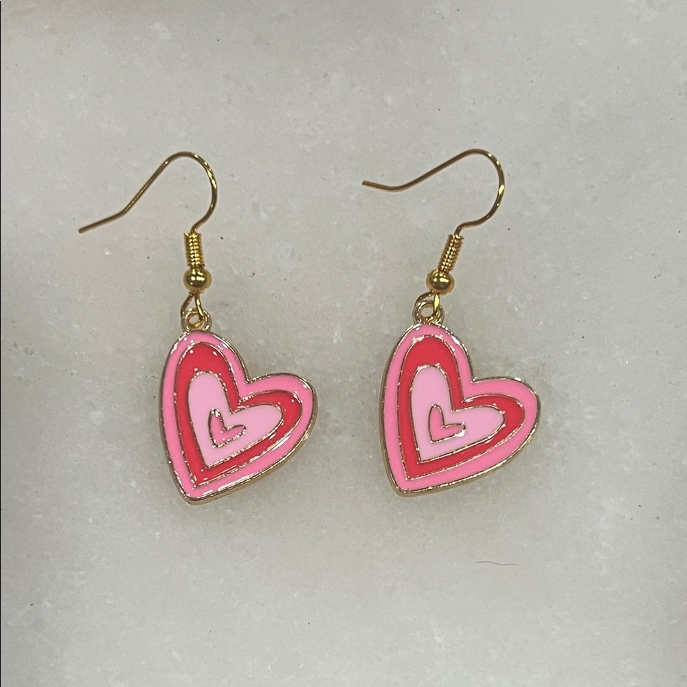 3/$30 • Pink Heart Drop Earrings | Gold Tone Coquette Y2K Statement Jewelry